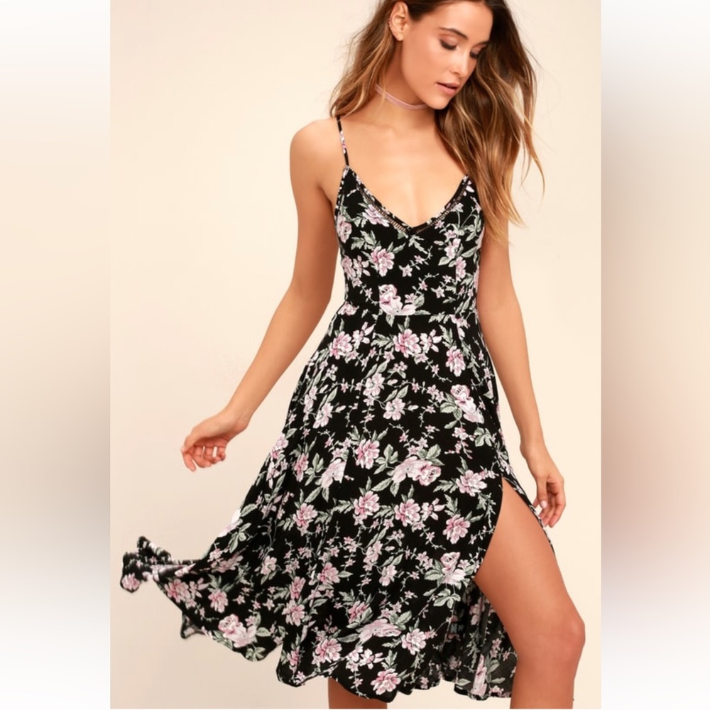 Esperanza Black Floral Print Midi Dress from Lulus size M